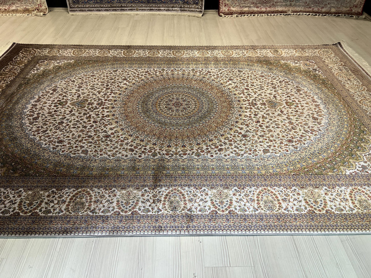 10x13 ft Turkish Modal Silk Rug, Cream Medallion Classic Luxury Area Rug