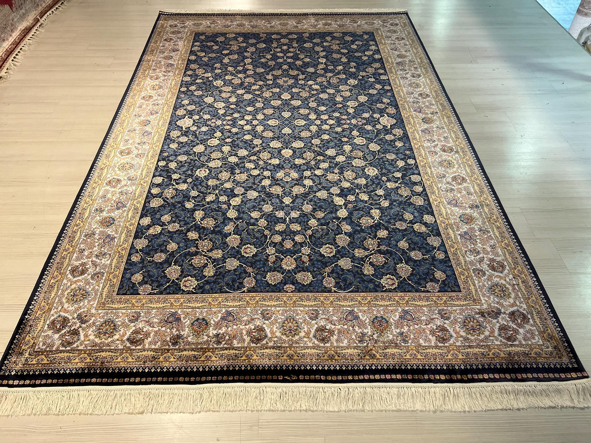 7x10 ft Dark Blue Floral Turkish Silk Rug, Luxury Home Decor