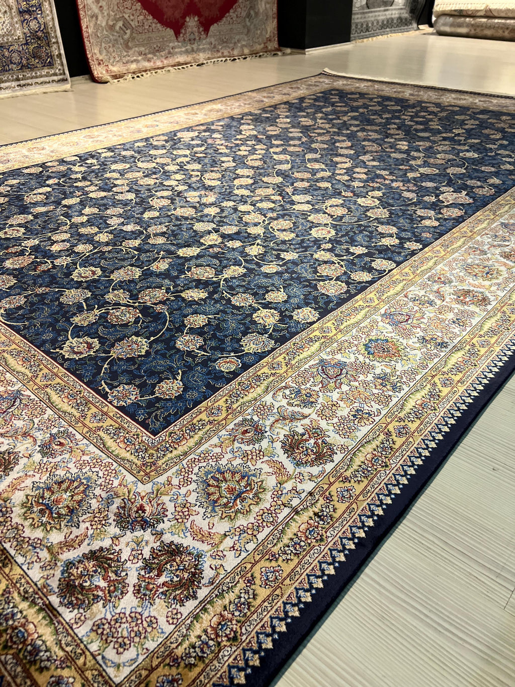 7x10 ft Dark Blue Floral Turkish Silk Rug, Luxury Home Decor