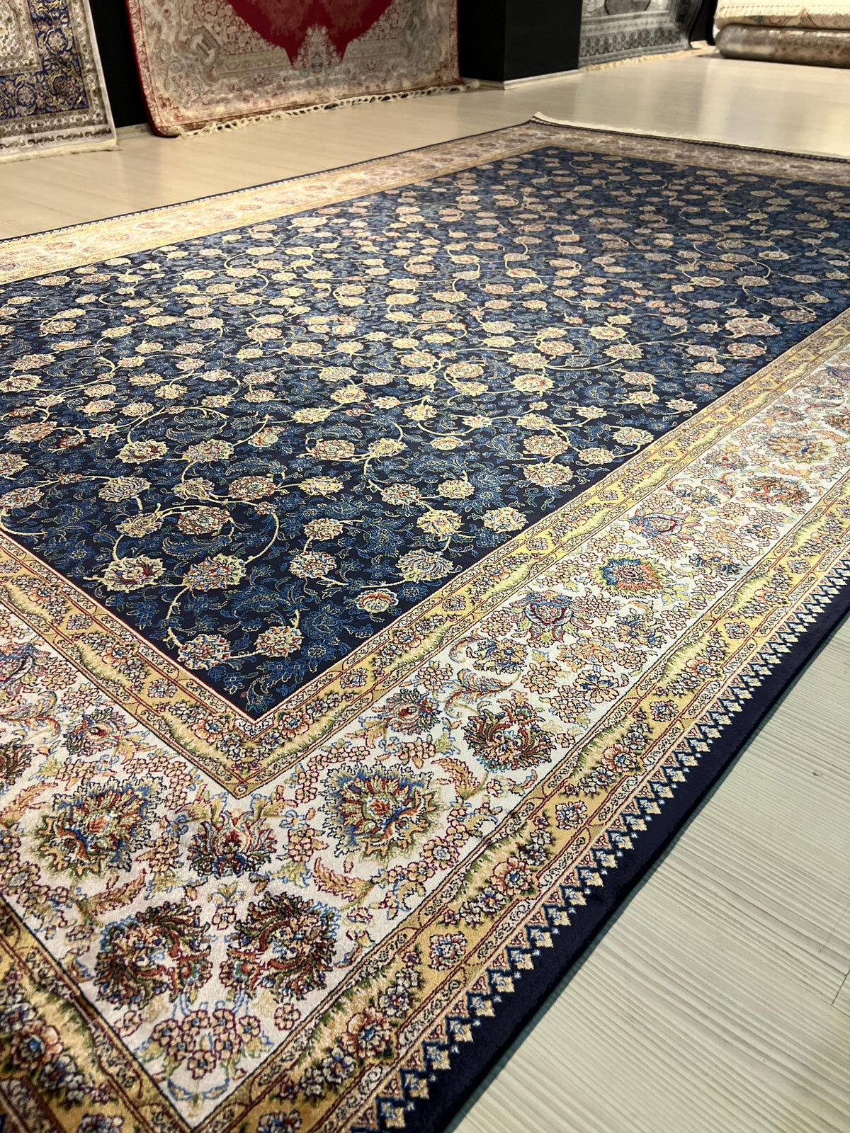 7x10 ft Dark Blue Floral Turkish Silk Rug, Luxury Home Decor