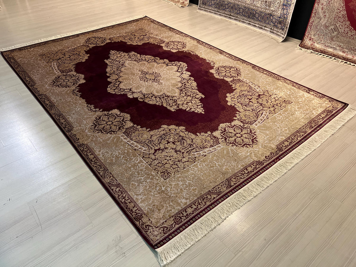 7x10 ft Burgundy Medallion Modal Silk Rug, Luxury Carpet, Large Living Room Rug