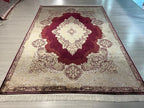 7x10 ft Burgundy Medallion Modal Silk Rug, Luxury Carpet, Large Living Room Rug