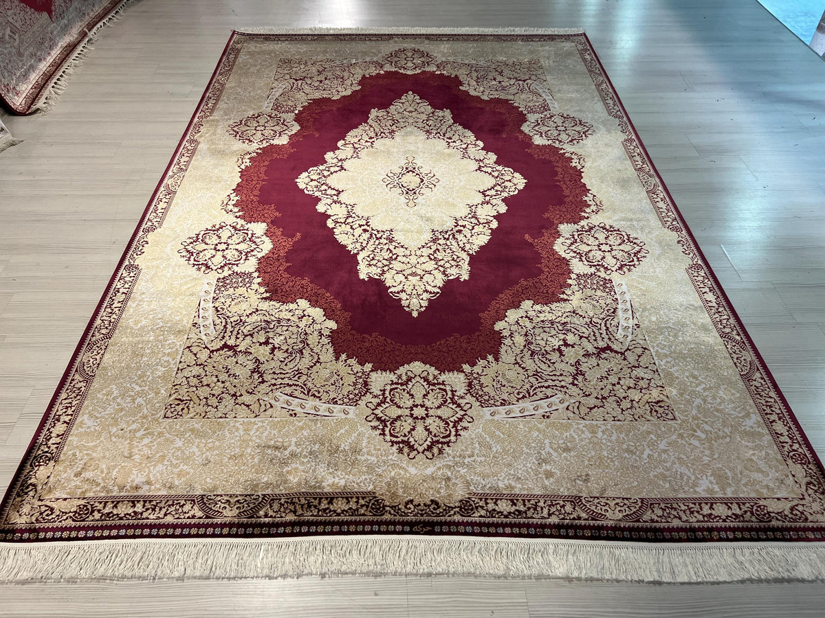 7x10 ft Burgundy Medallion Modal Silk Rug, Luxury Carpet, Large Living Room Rug