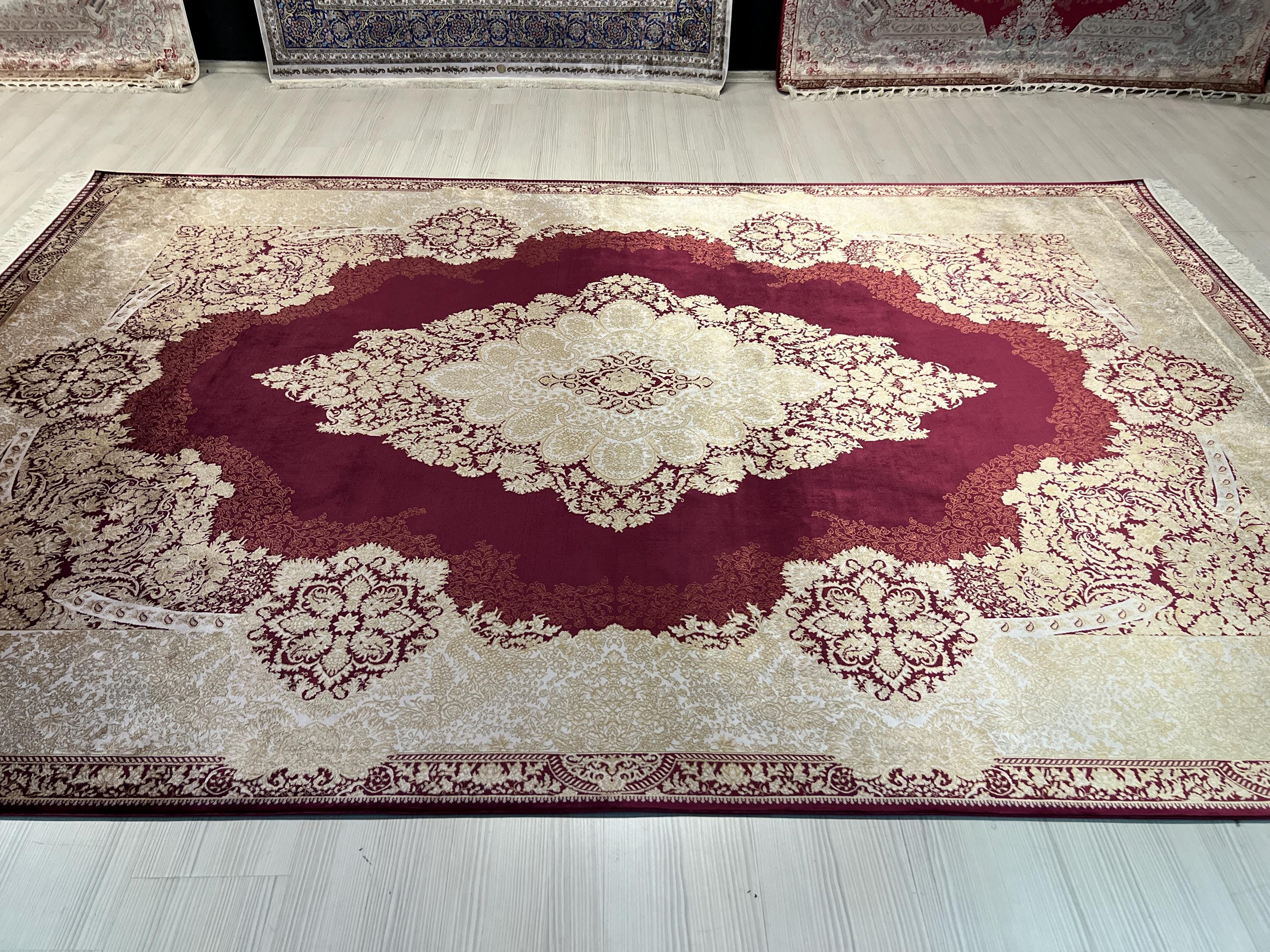 7x10 ft Burgundy Medallion Modal Silk Rug, Luxury Carpet, Large Living Room Rug