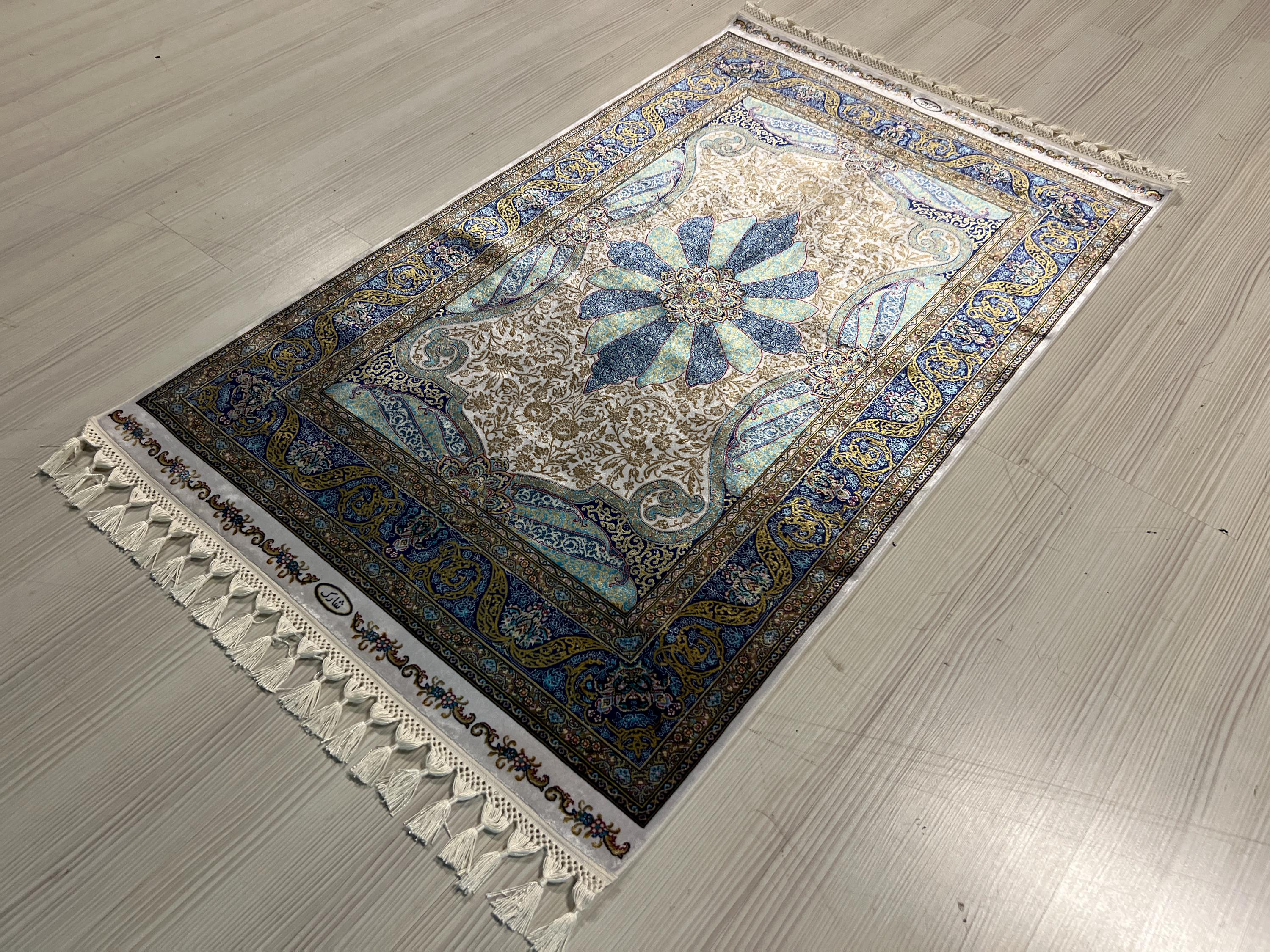 3x5 Modal Silk Runner, Blue Floral Medallion, Turkish Hallway Rug, Ivory Classic Decor