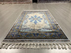 3x5 Modal Silk Runner, Blue Floral Medallion, Turkish Hallway Rug, Ivory Classic Decor
