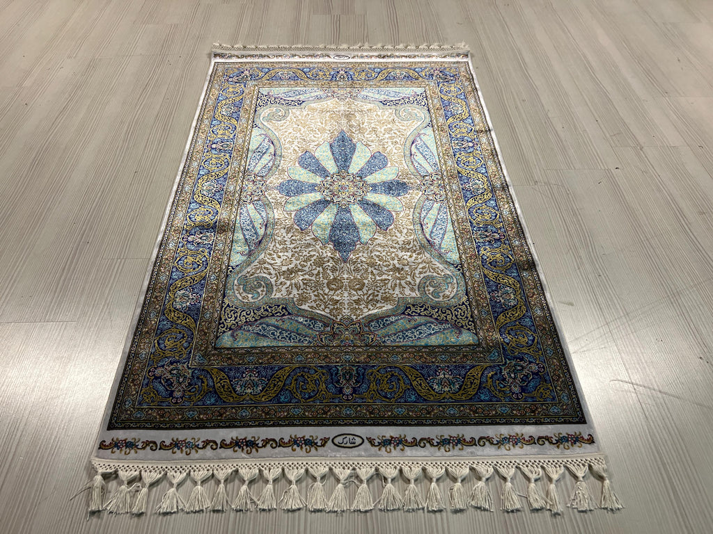 3x5 Modal Silk Runner, Blue Floral Medallion, Turkish Hallway Rug, Ivory Classic Decor