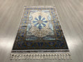 3x5 Modal Silk Runner, Blue Floral Medallion, Turkish Hallway Rug, Ivory Classic Decor