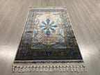 3x5 Modal Silk Runner, Blue Floral Medallion, Turkish Hallway Rug, Ivory Classic Decor