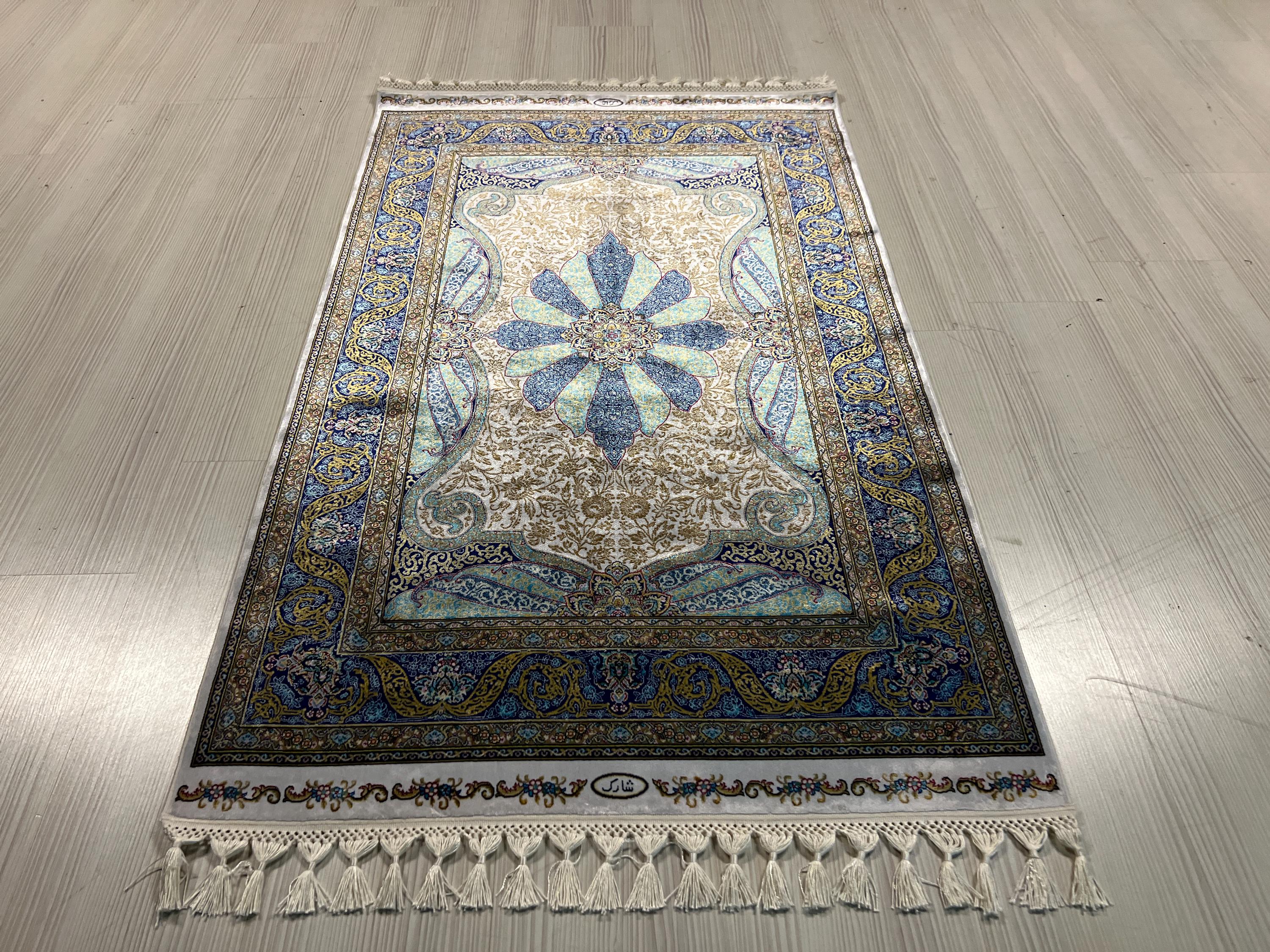 3x5 Modal Silk Runner, Blue Floral Medallion, Turkish Hallway Rug, Ivory Classic Decor
