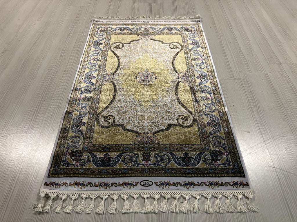 3x5 ft Gold Runner Rug, Modal Silk, Turkish Hallway Rug, Ivory Classic Decor