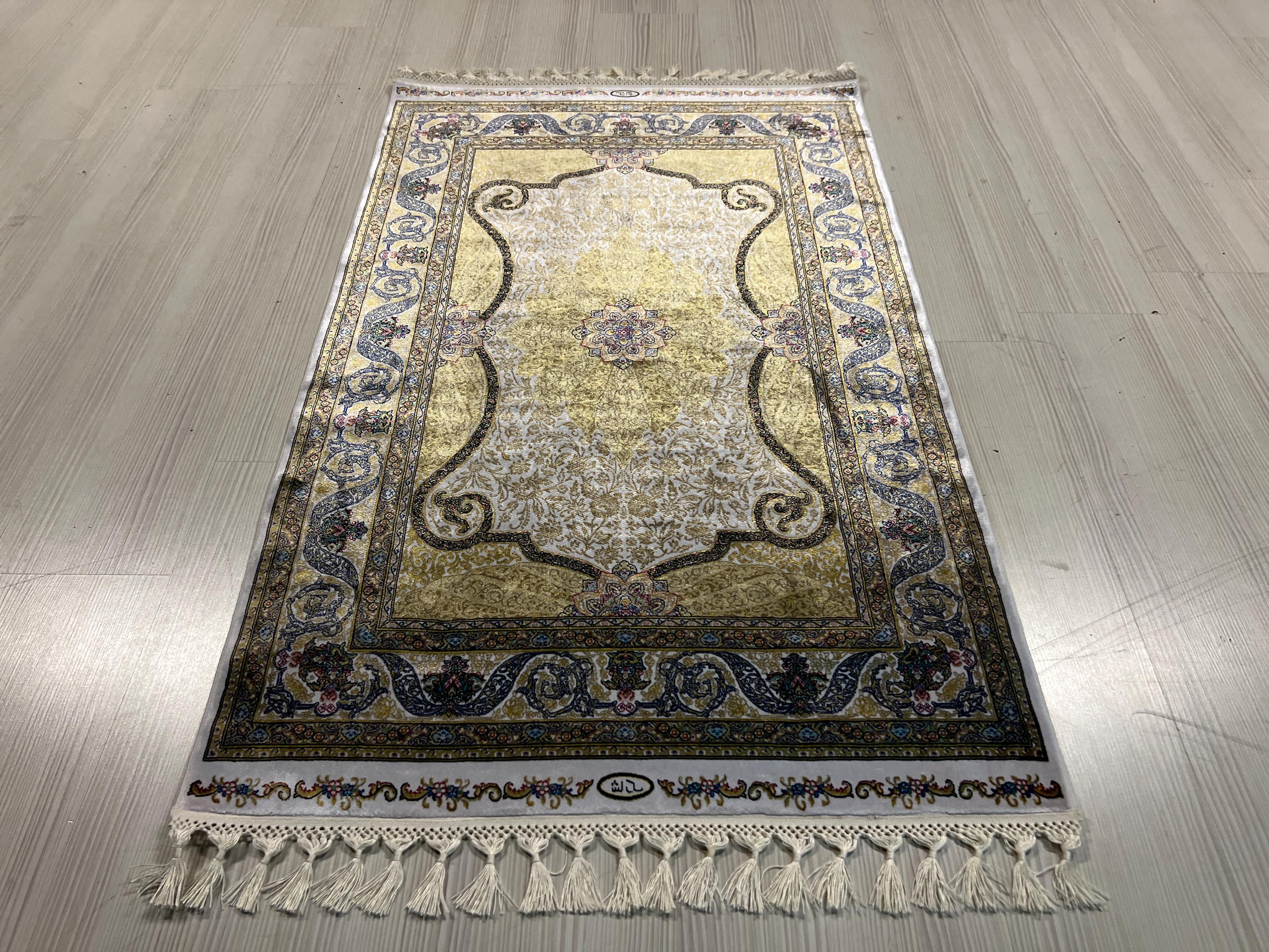 3x5 ft Gold Runner Rug, Modal Silk, Turkish Hallway Rug, Ivory Classic Decor