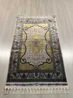3x5 ft Gold Runner Rug, Modal Silk, Turkish Hallway Rug, Ivory Classic Decor