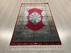 Red Modal Silk Runner Rug,  Blue Medallion Design, Turkish Hallway Decor