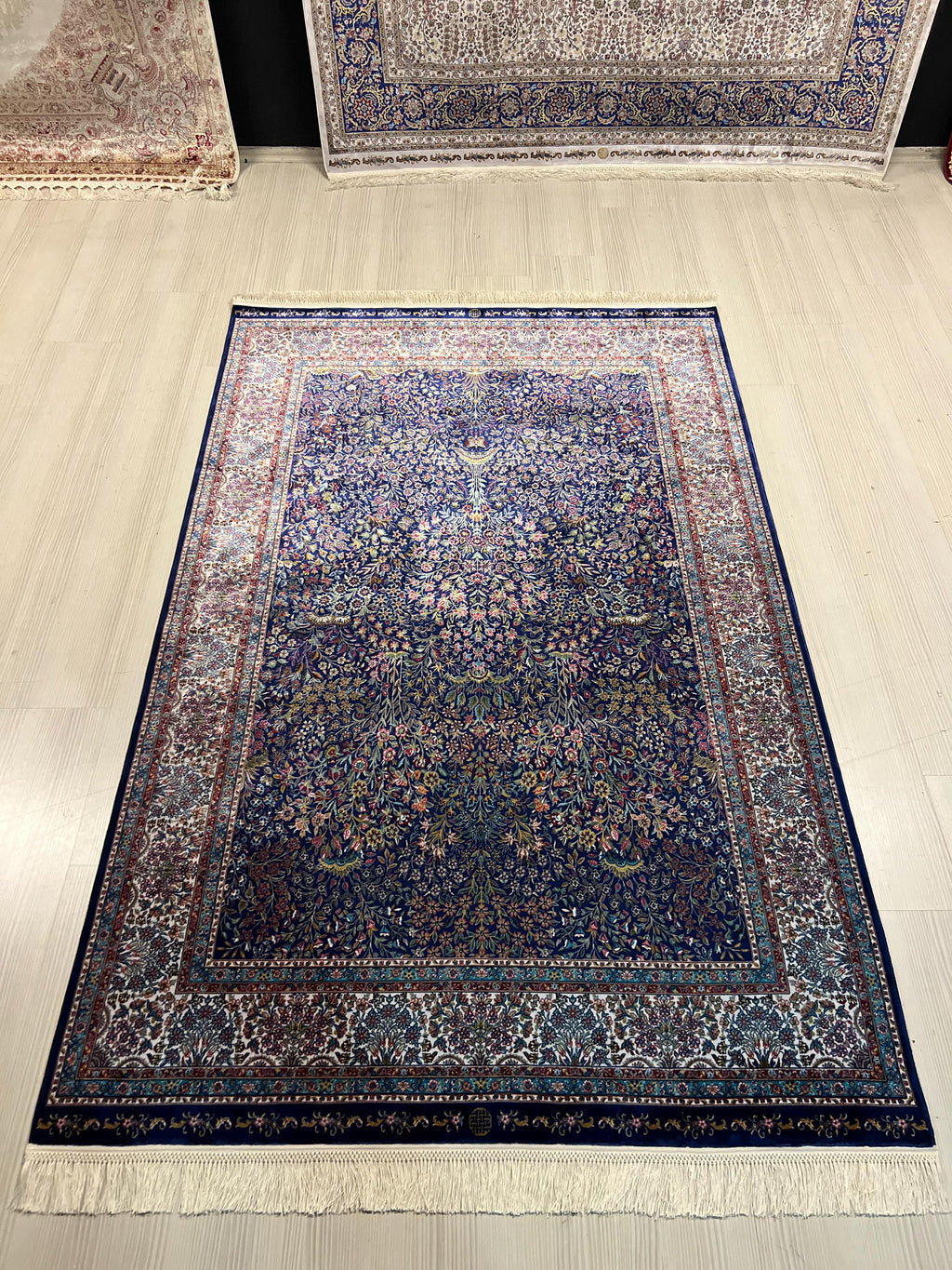 4x6 ft Silk Rug, Navy Floral Oriental Area Rug, Luxury Living Room Carpet