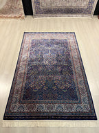 4x6 ft Silk Rug, Navy Floral Oriental Area Rug, Luxury Living Room Carpet
