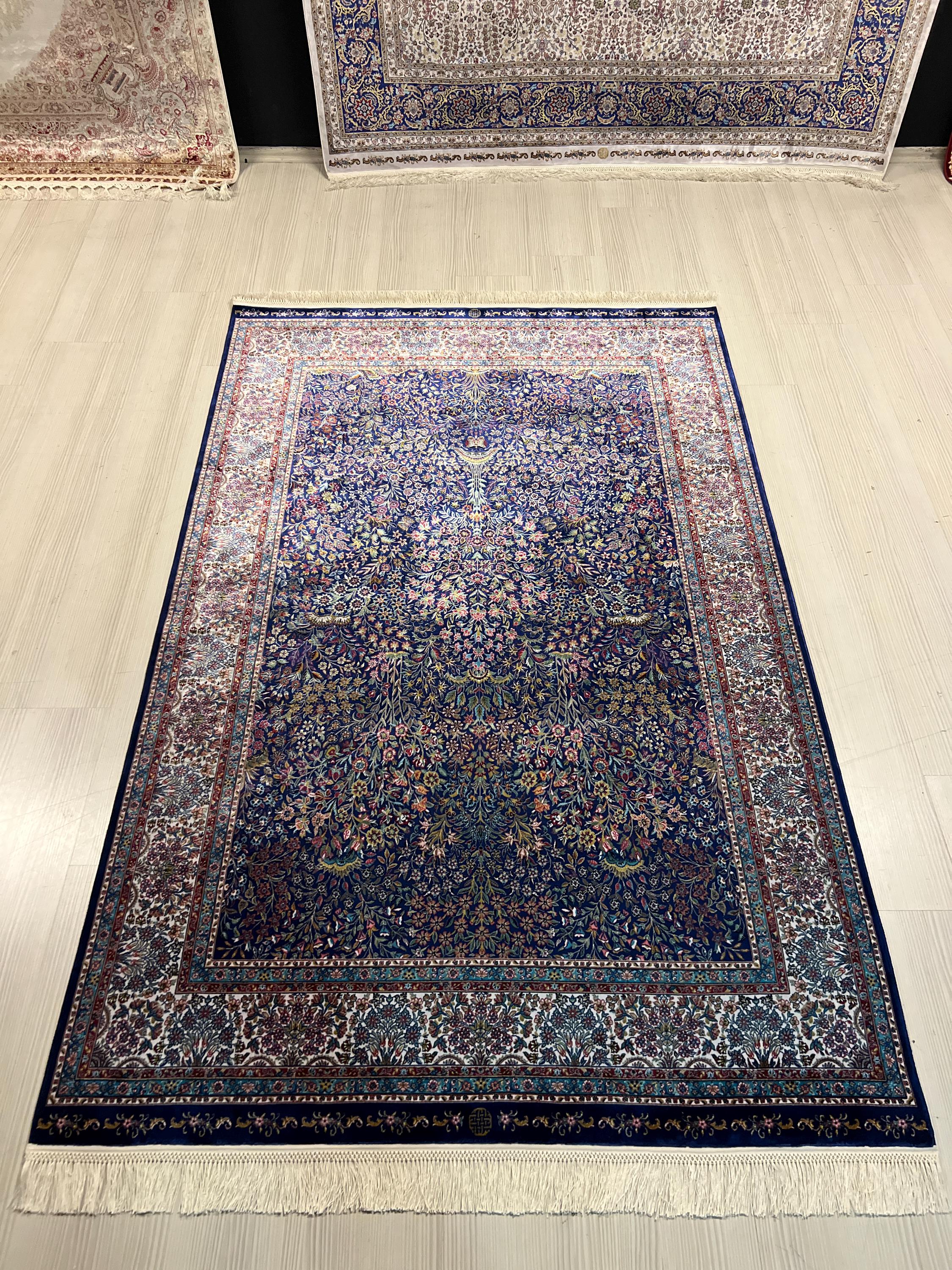 4x6 ft Silk Rug, Navy Floral Oriental Area Rug, Luxury Living Room Carpet