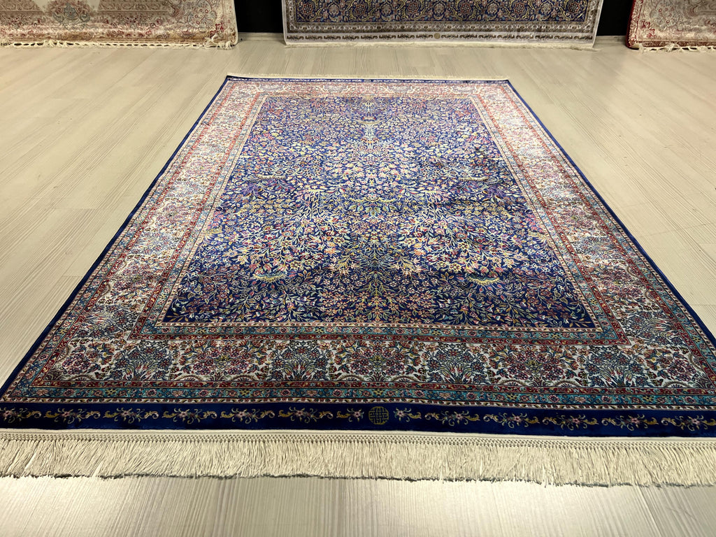 4x6 ft Silk Rug, Navy Floral Oriental Area Rug, Luxury Living Room Carpet