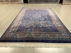 4x6 ft Silk Rug, Navy Floral Oriental Area Rug, Luxury Living Room Carpet
