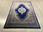 4x6 ft Blue Silk Area Rug, Medallion Design, Turkish Living Room Decor
