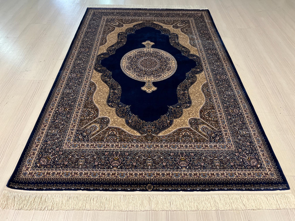 4x6 ft Blue Silk Area Rug, Medallion Design, Turkish Living Room Decor