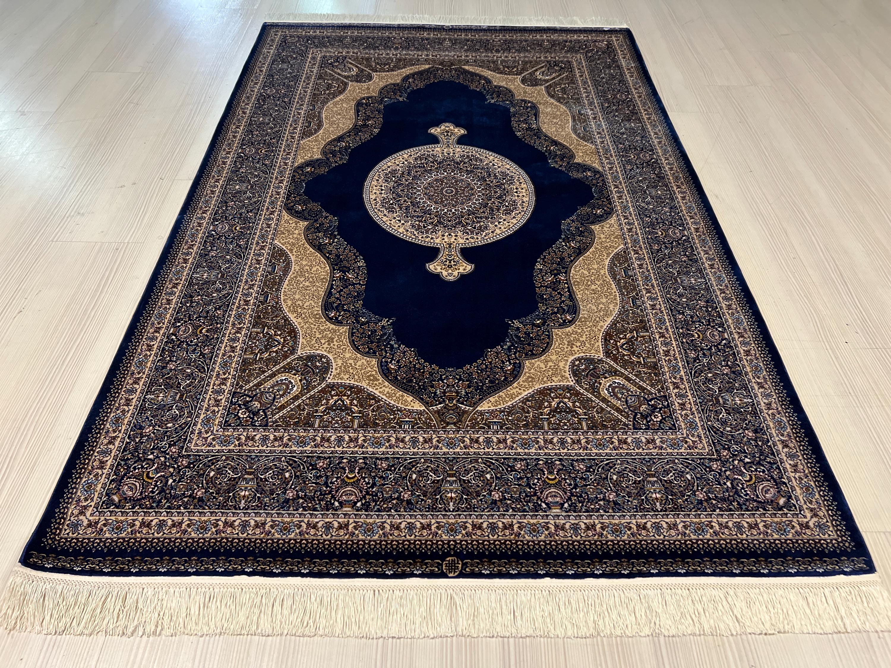 4x6 ft Blue Silk Area Rug, Medallion Design, Turkish Living Room Decor