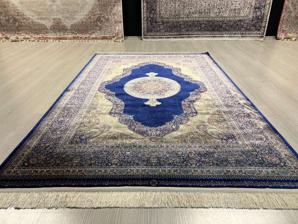 4x6 ft Blue Silk Area Rug, Medallion Design, Turkish Living Room Decor