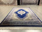 4x6 ft Blue Silk Area Rug, Medallion Design, Turkish Living Room Decor