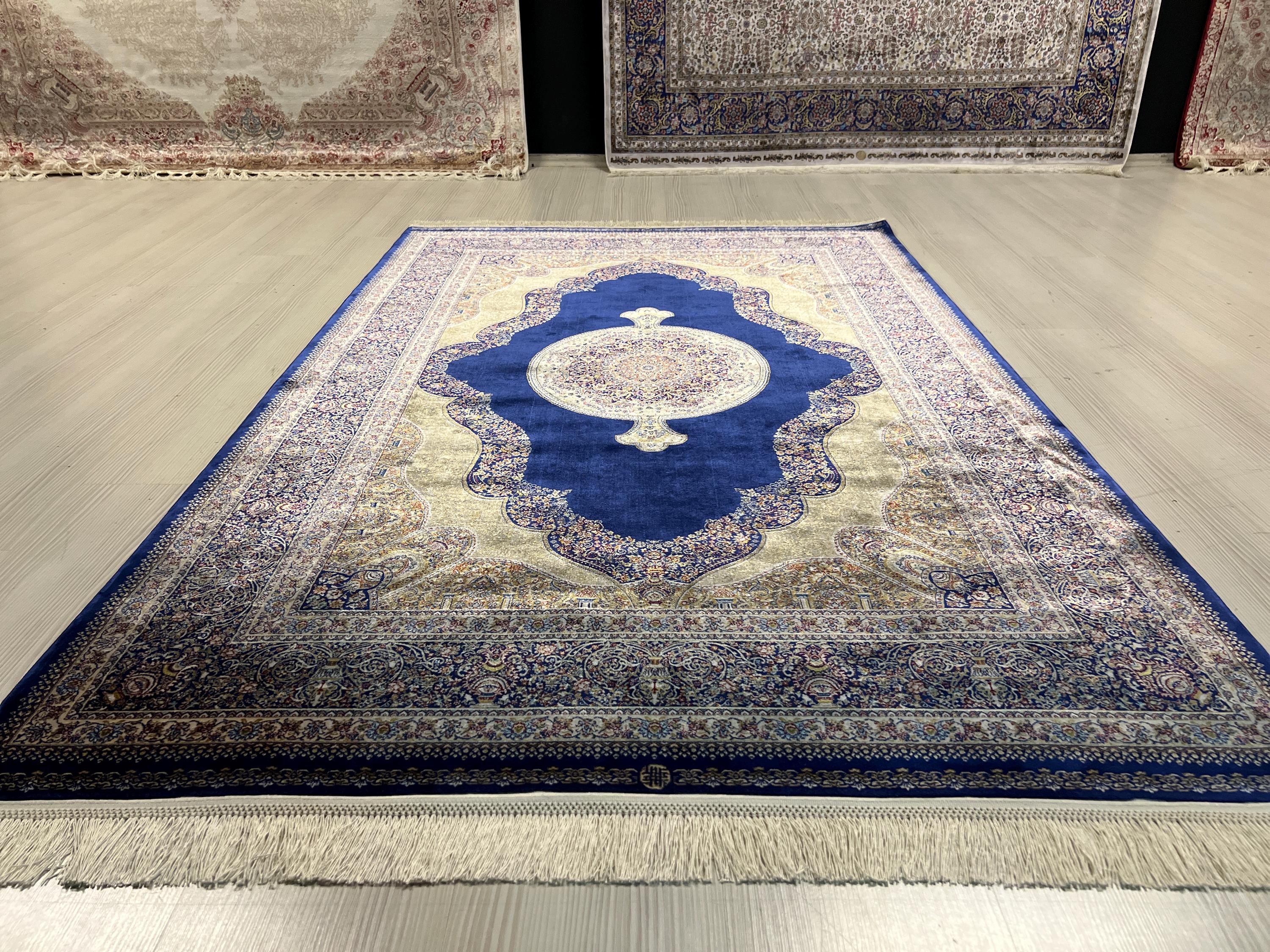 4x6 ft Blue Silk Area Rug, Medallion Design, Turkish Living Room Decor
