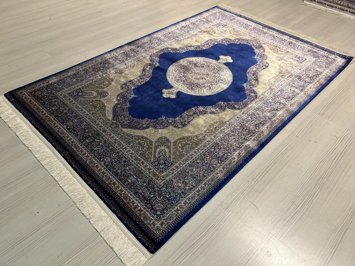 4x6 ft Blue Silk Area Rug, Medallion Design, Turkish Living Room Decor