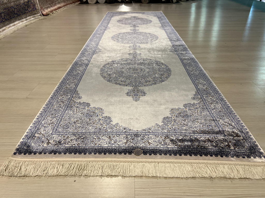 3x10 ft Medallion Runner Rug, Ivory Gray Field, Turkish Hallway Decor