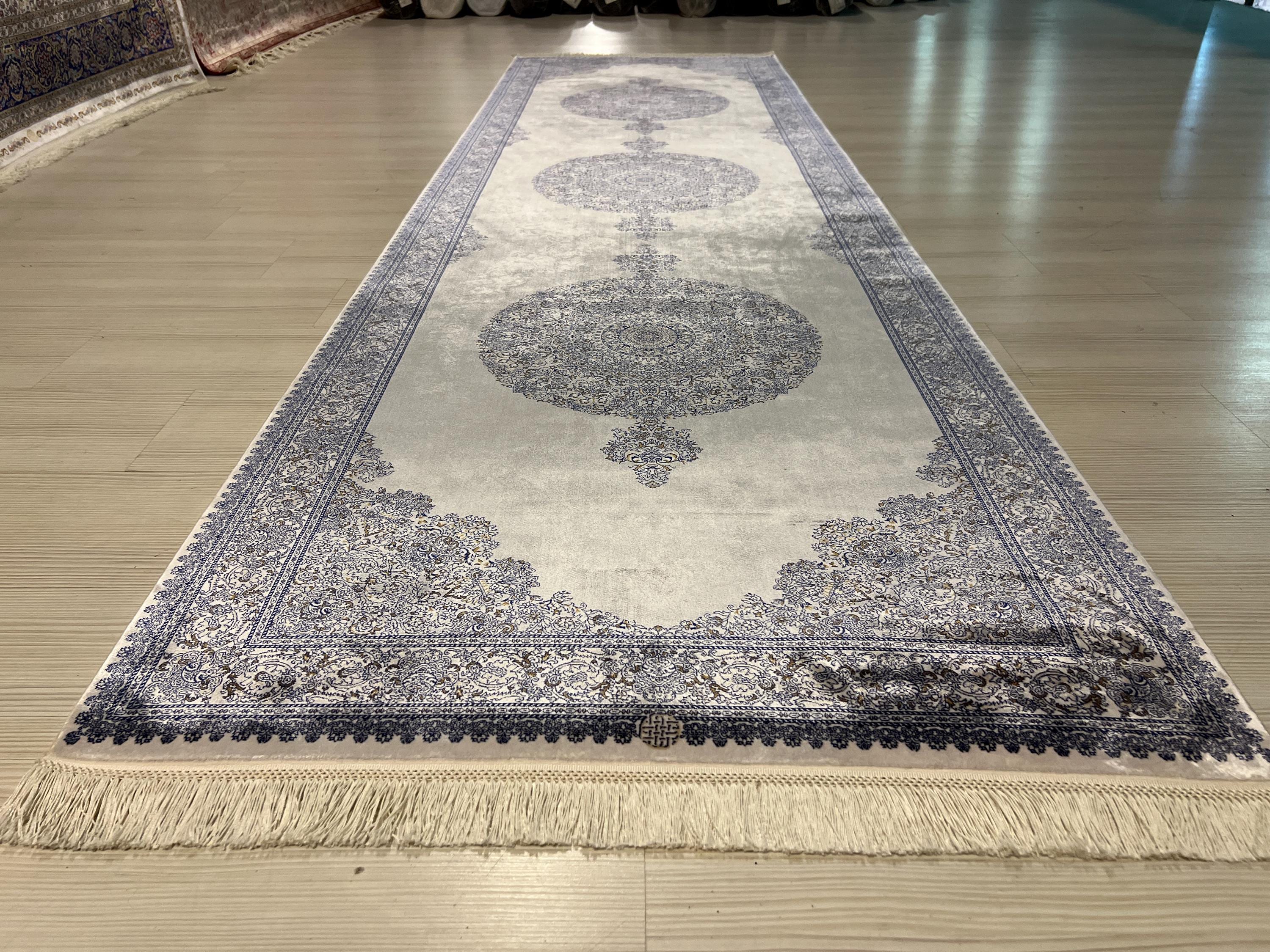 3x10 ft Medallion Runner Rug, Ivory Gray Field, Turkish Hallway Decor