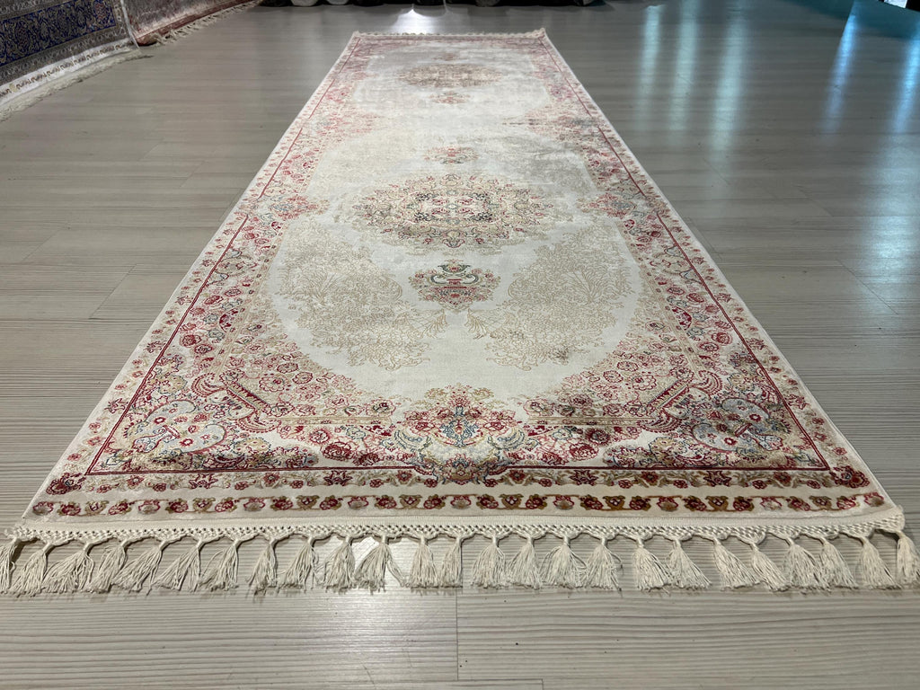 3x10 ft Bamboo Silk Runner, Ivory Floral Medallions, Turkish Hallway Rug