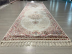 3x10 ft Bamboo Silk Runner, Ivory Floral Medallions, Turkish Hallway Rug
