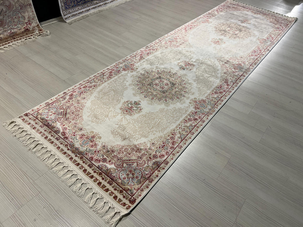 3x10 ft Bamboo Silk Runner, Ivory Floral Medallions, Turkish Hallway Rug