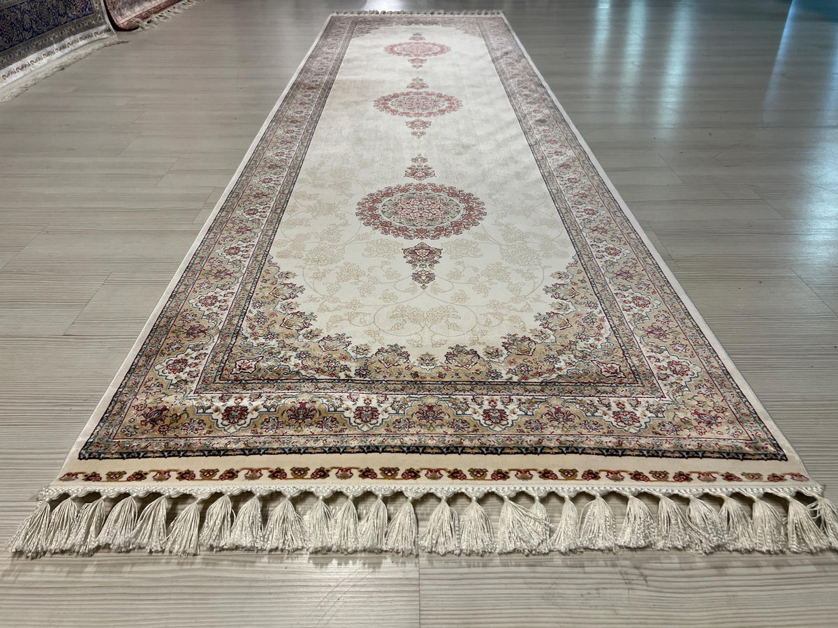 3x10 ft Ivory Bamboo Silk Runner, Triple Floral Medallion, Turkish Hallway Rug