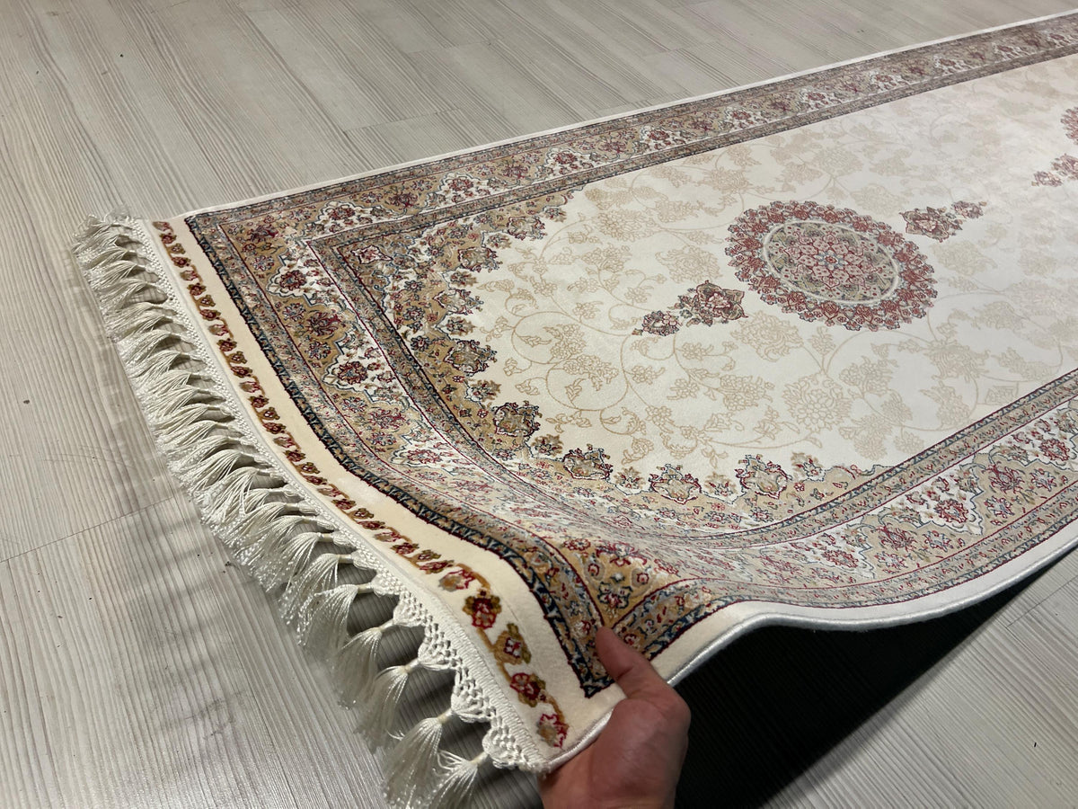 3x10 ft Ivory Bamboo Silk Runner, Triple Floral Medallion, Turkish Hallway Rug