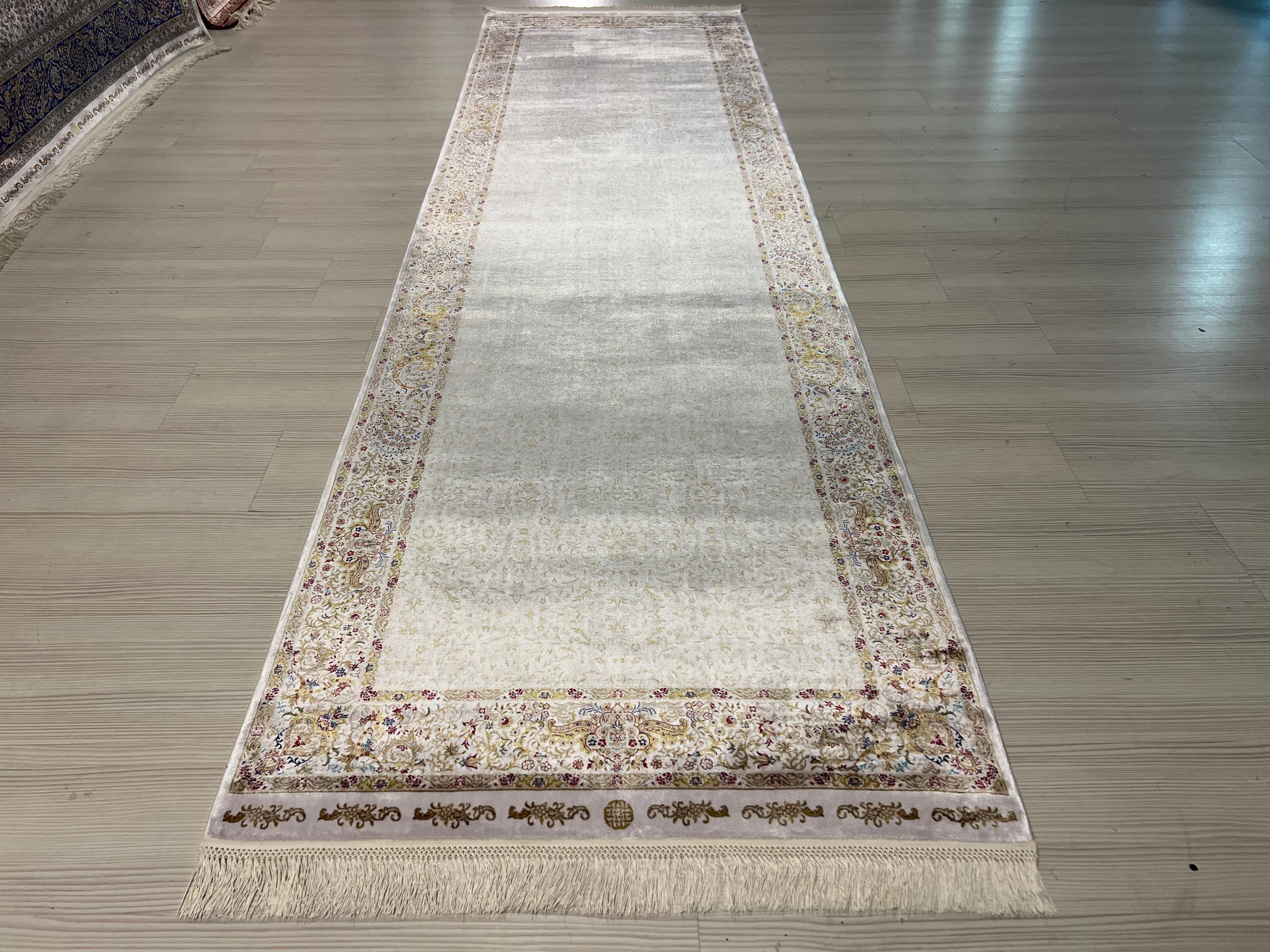 3x10 ft Ivory Silk Runner, Turkish Style Rug, Minimal Floral Border, Hallway Decor