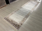 3x10 ft Ivory Silk Runner, Turkish Style Rug, Minimal Floral Border, Hallway Decor