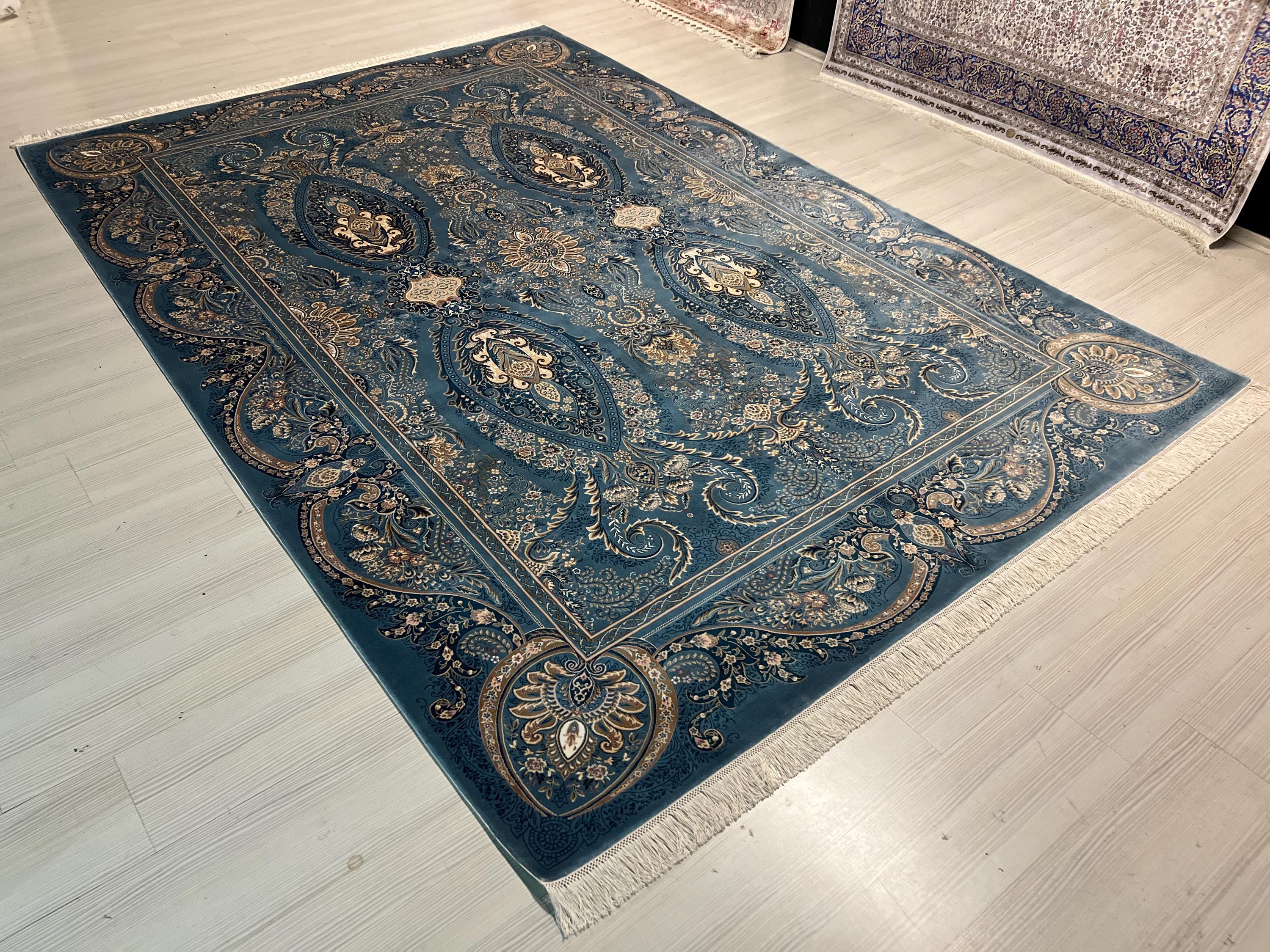 7x10 ft Blue Floral Medallion Modal Silk Rug, Luxury Living Room Rug
