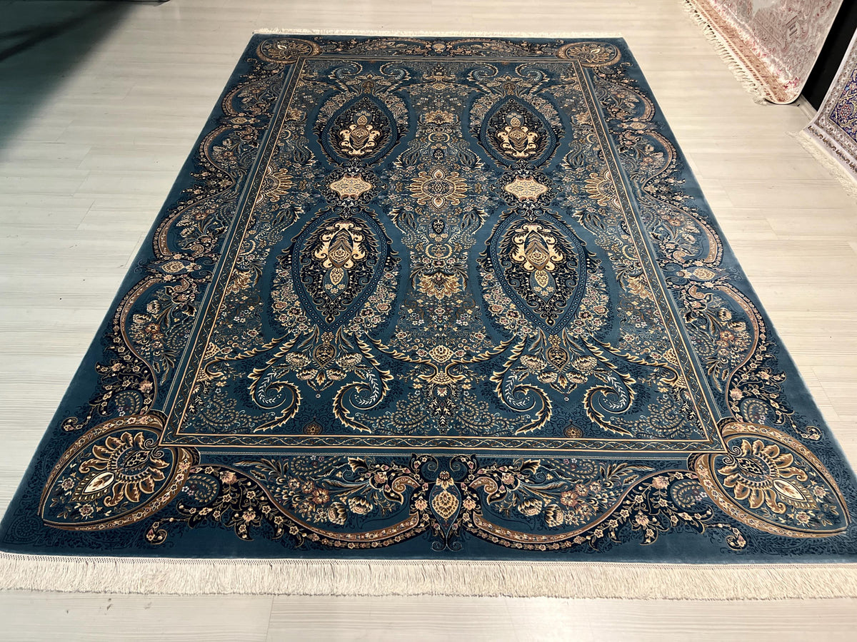 7x10 ft Blue Floral Medallion Modal Silk Rug, Luxury Living Room Rug