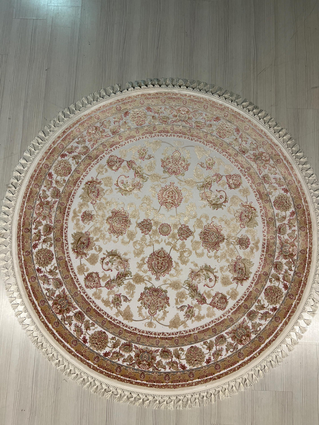 5x5 ft Bamboo Silk Circle Rug, Ivory Floral Round Carpet, Turkish Area Rug