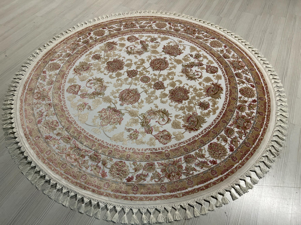 5x5 ft Bamboo Silk Circle Rug, Ivory Floral Round Carpet, Turkish Area Rug