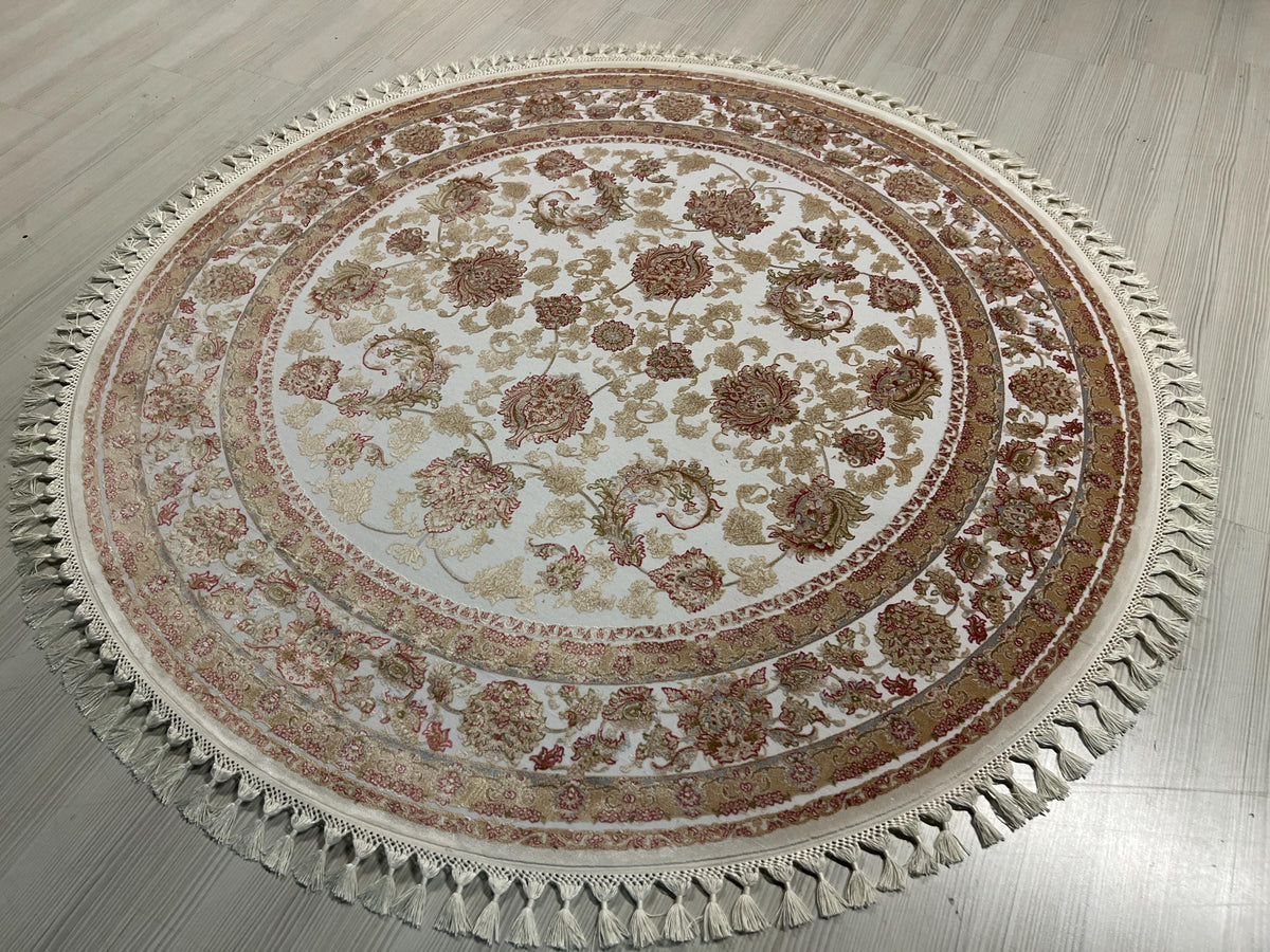 5x5 ft Bamboo Silk Circle Rug, Ivory Floral Round Carpet, Turkish Area Rug