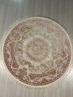 5x5 ft Round Bamboo Silk Rug, Ivory Floral Medallion Rug, Traditional Turkish Circle Carpet