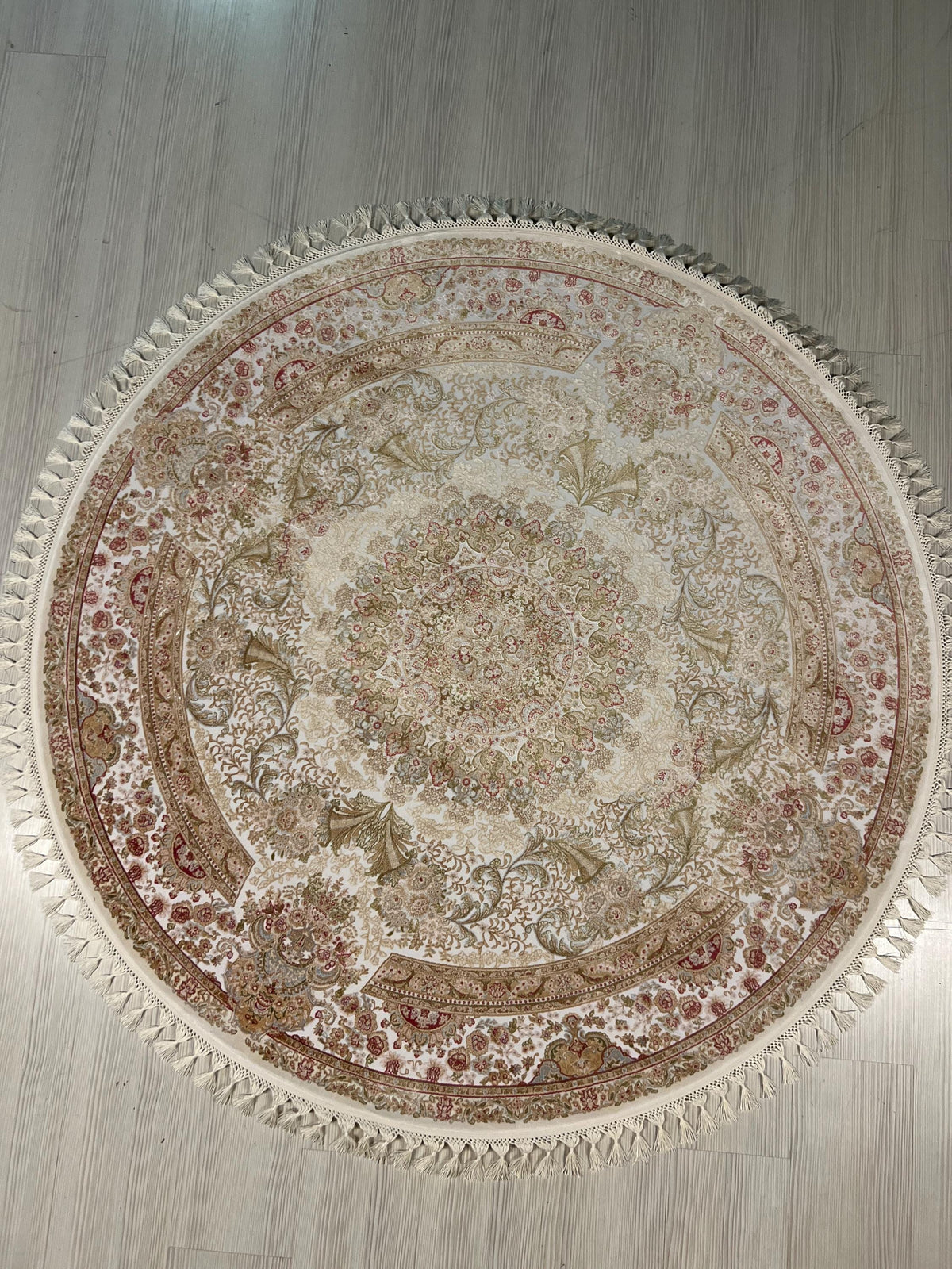 5x5 ft Round Bamboo Silk Rug, Ivory Floral Medallion Rug, Traditional Turkish Circle Carpet