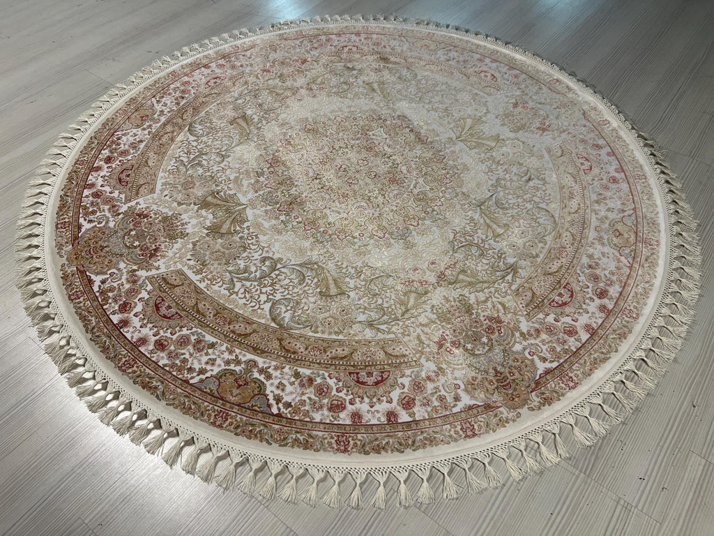 5x5 ft Round Bamboo Silk Rug, Ivory Floral Medallion Rug, Traditional Turkish Circle Carpet