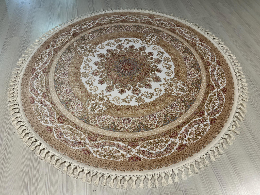 5x5 ft Round Bamboo Silk Rug, Floral Medallion Rug, Ivory Beige Turkish Area Carpet