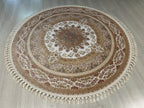 5x5 ft Round Bamboo Silk Rug, Floral Medallion Rug, Ivory Beige Turkish Area Carpet