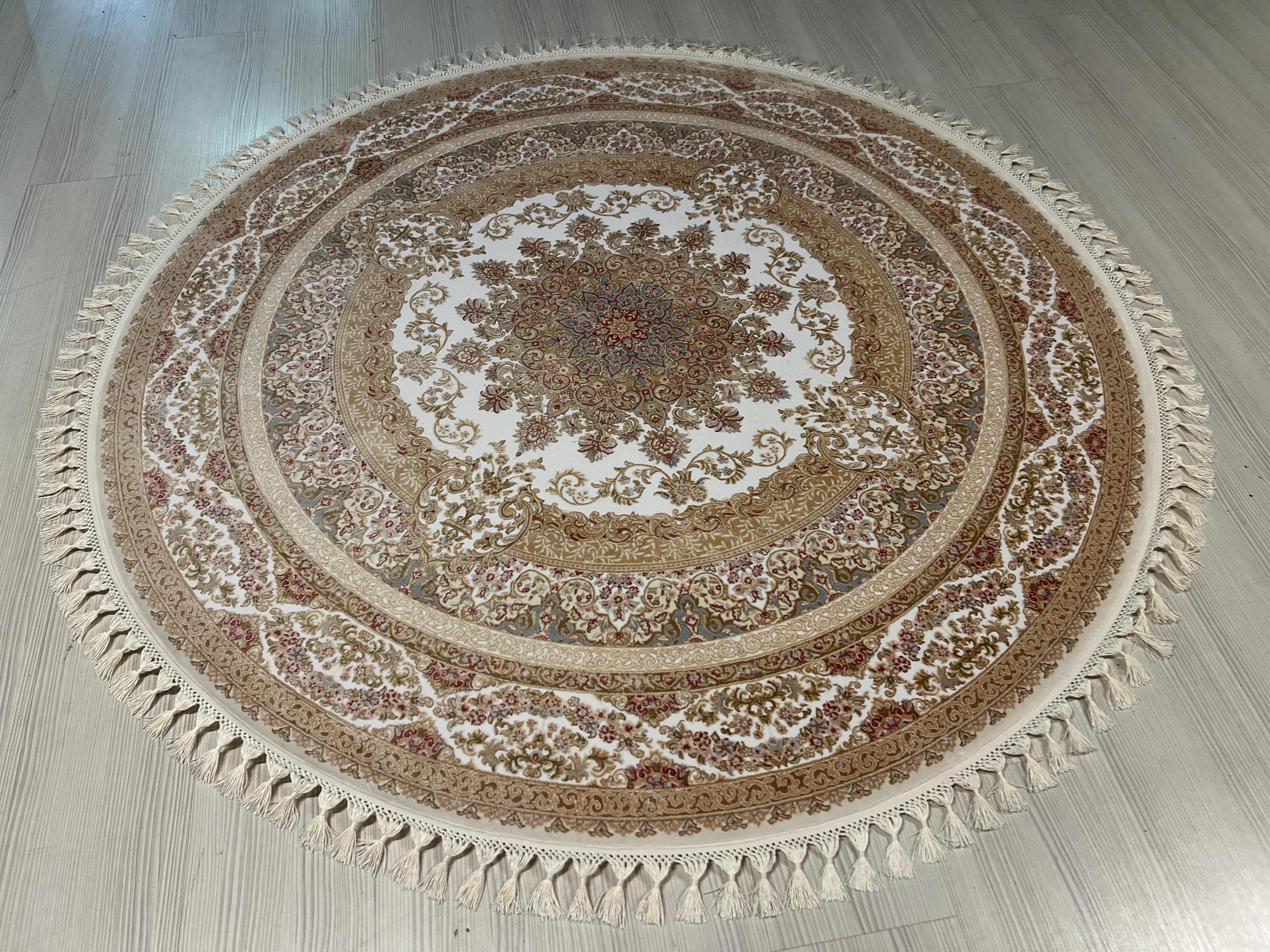 5x5 ft Round Bamboo Silk Rug, Floral Medallion Rug, Ivory Beige Turkish Area Carpet